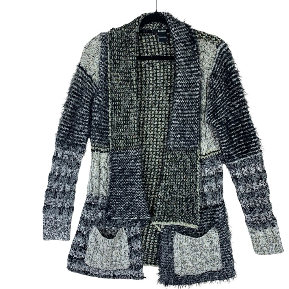 Desigual womens Black 7 Gray fluffy open front patch work Cardigan size xs